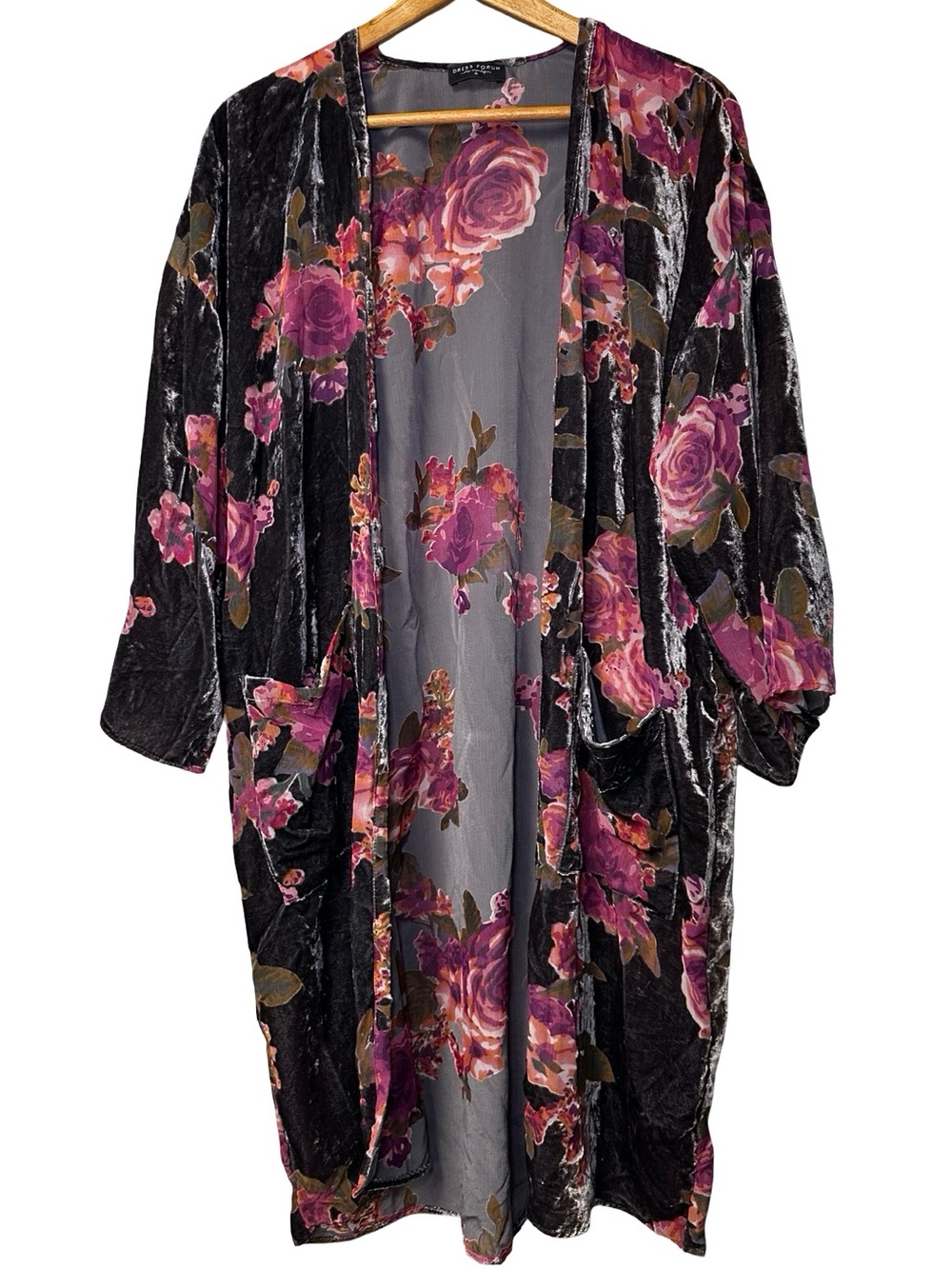 Dress Forum Brown Floral Velvet Burnout Kimono Duster Medium Boho Fall Travel